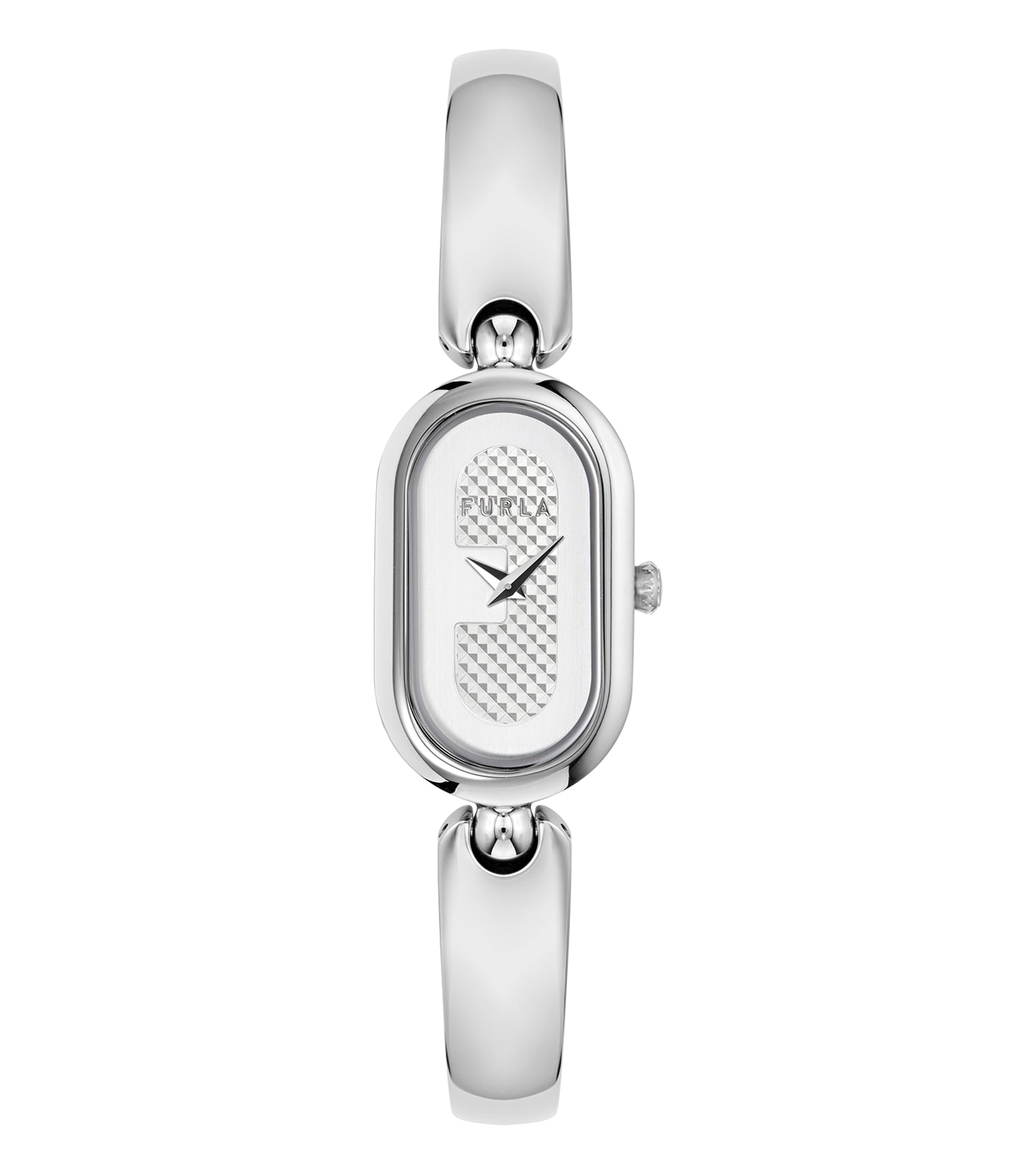 Furla silver watch with a sleek case, mesh strap, and minimalist design; front view highlights elegance and craftsmanship.