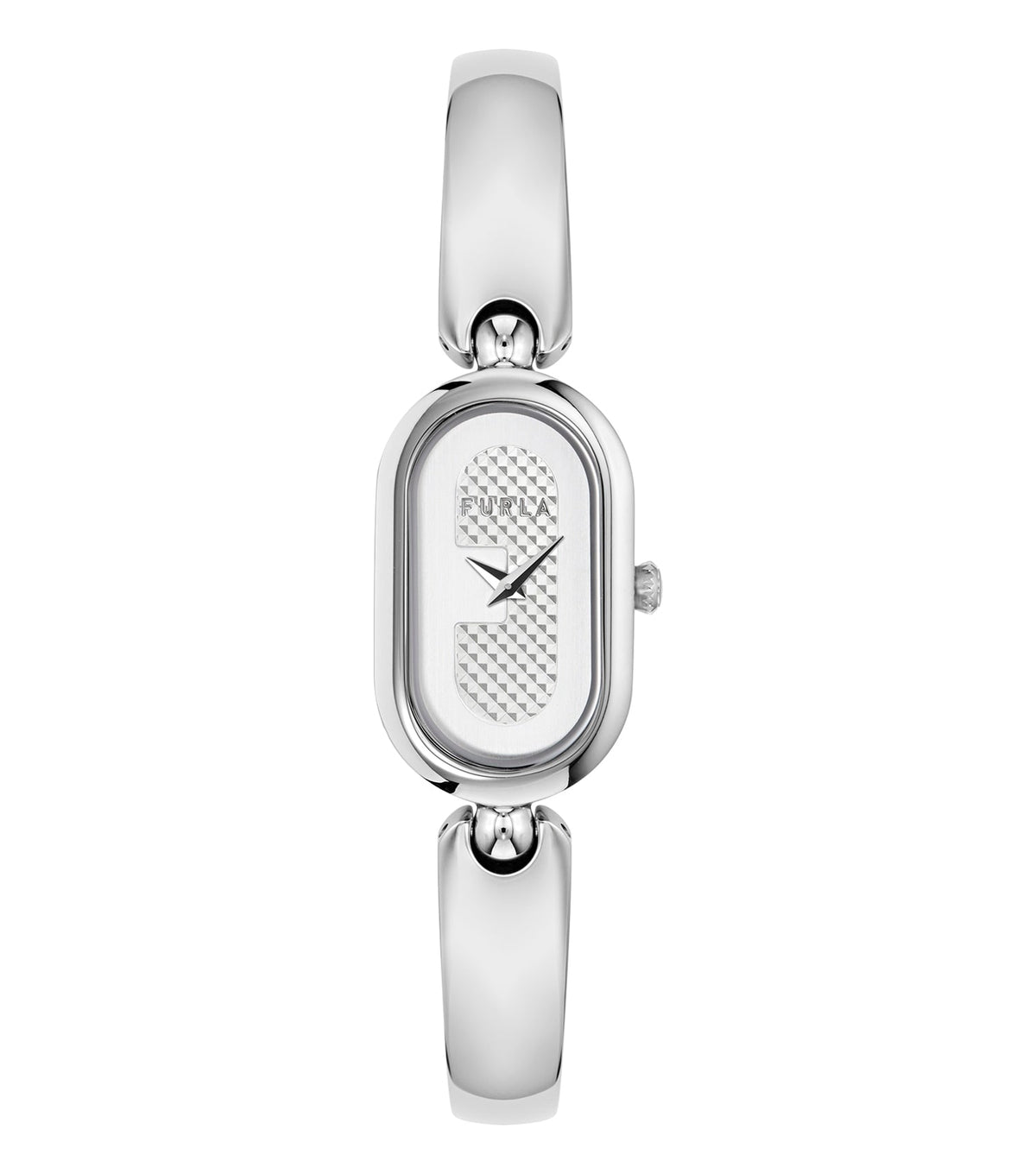 Furla silver watch with a sleek case, mesh strap, and minimalist design; front view highlights elegance and craftsmanship.
