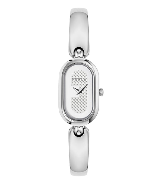 Furla silver watch with a sleek case, mesh strap, and minimalist design; front view highlights elegance and craftsmanship.