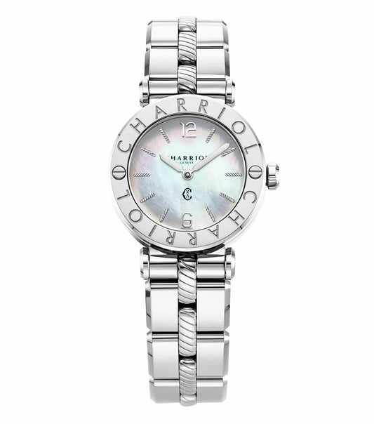 Charriol NAVIGATOR watch with a silver dial at a frontal angle, showcasing a sleek design and elegant strap in a vibrant blue color.