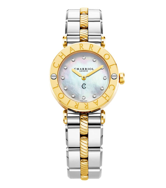 CHARRIOL Women's ST TROPEZ Yellow Gold Case White Mother-of-Pearl Dial 28mm Quartz Two-Tone Bracelet